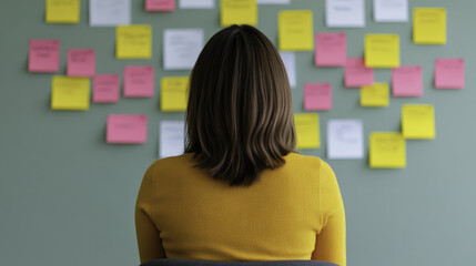 woman in yellow sweater sits facing wall of colorful sticky notes, deep in thought