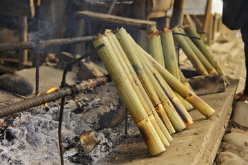 Lemang, a traditional food from South Sumatra, Indonesia, cooked in bamboo slats