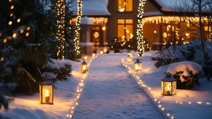 Snowy Walkway with Festive Outdoor Lights