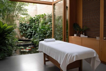 Fototapeta premium This tranquil spa room offers a soothing atmosphere with a massage table set against a backdrop of vibrant greenery and a peaceful water feature.