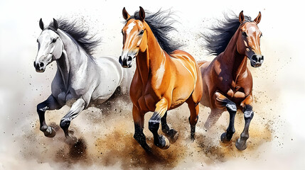 Obraz premium Three Horses Gallop Across Dusty Plain, Majestic Run