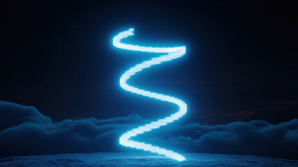 Obraz premium Abstract glowing spiral pattern in a night sky over clouds, illuminating darkness with vibrant blue light, creating a surreal atmospheric effect