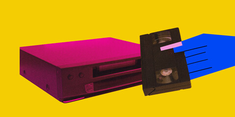 Contemporary art collage. Vintage VHS player and drawn in vibrant color scheme hand holding tape,...