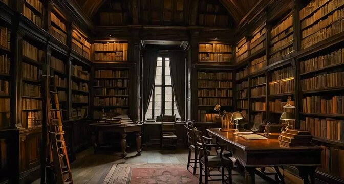 In a richly atmospheric dark academia library, every nook and cranny is filled with intricate details, from the worn leather-bound books lining the shelves to the dust motes