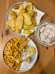 Breaded Fried Zucchini and Potatoes French Fries with Tartar Sauce