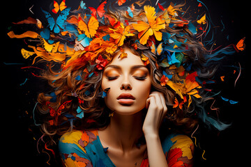 Fototapeta premium Calm woman surrounded by many colorful butterflies on her head, concept of nature, peace, fantasy and creativity. Illustration