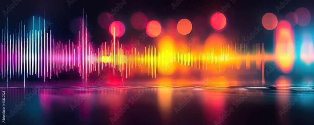 Poster Colorful audio waveform on a dark background with glowing bokeh effects.
