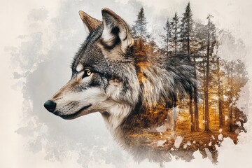 Fototapeta premium Double exposure head wolf and a forest