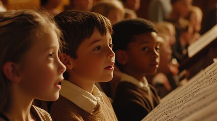 Fototapeta premium Children Engaged in Choir Performance, Sing Together in Harmony, Expressing Joy and Unity, Capturing the Essence of Childhood and Musical Education in a Warm Environment