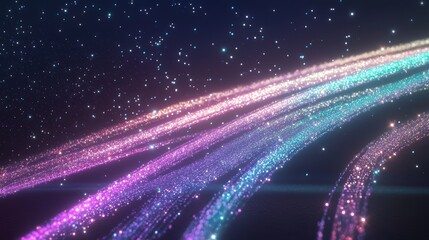 Obraz premium Glowing Radiant Shooting Stars in Magical Night Sky - 3D Render Digital Artwork with Cinematic Light and Festive Graphics on Dark Background