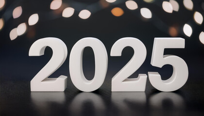 Banner with white number 2025 on blurred dark backdrop with bokeh. New Year and Christmas