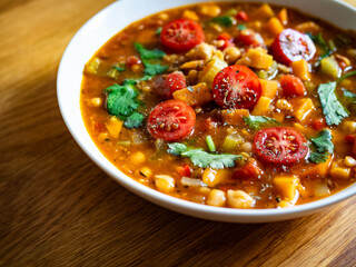 Fresh vegetable soup with lentil on wooden table