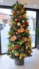 Naklejka premium Dark enchanted forest Christmas tree with glowing fairy lights mystical ornaments