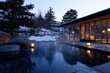 Obraz premium An inviting outdoor spa scene with steam rising from the water, illuminated by soft evening light, surrounded by trees and rocks, perfect for a peaceful winter escape.