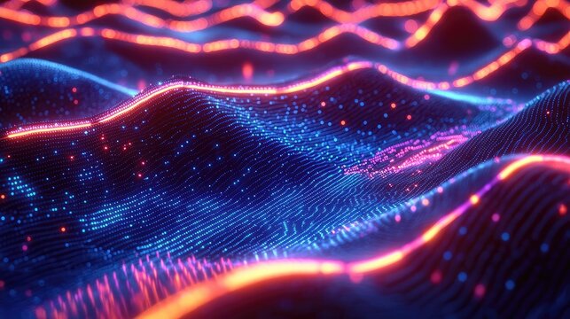 Colorful digital waves in vibrant neon hues, bright and dynamic visual display.