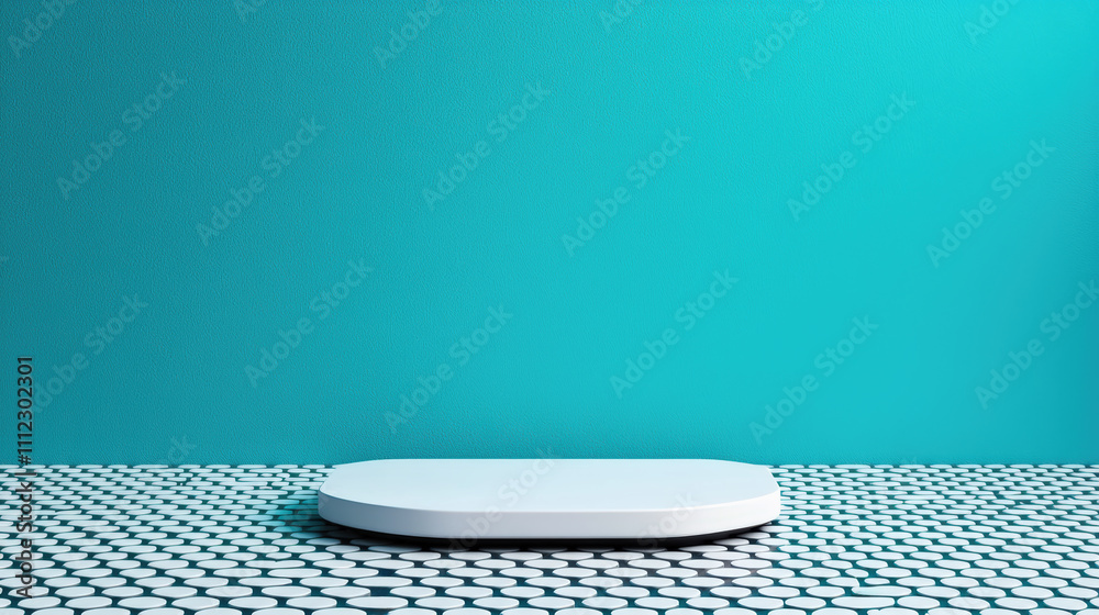 Poster white pedestal displaying on patterned tile surface with vibrant blue background