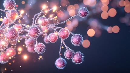 Frosty Winter Berries: Festive Holiday Decoration in 3D Render with Dynamic Light Effects on Dark Background