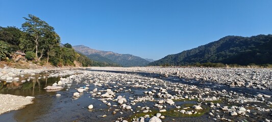 The Kosi River landscape, breathtaking views of lush valleys, serene waters, and abundant wildlife in Uttarakhand's natural beauty.