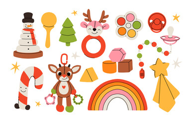 Obraz premium Set of christmas presents for a newborn baby or a toddler. Flat cartoon vector collection of winter toys and baby supplies, snowman pyramid, plush deer, cubes and pacifier.