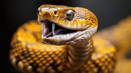 Fototapeta premium Close-up view of a snake with open mouth revealing sharp fangs, highlighting its detailed scale pattern and bright yellow and brown coloration against a dark blurred background