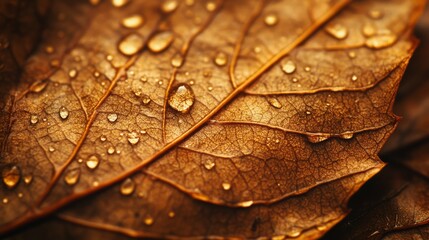 Fototapeta premium Golden Autumn Leaf Water Droplets Close Up
