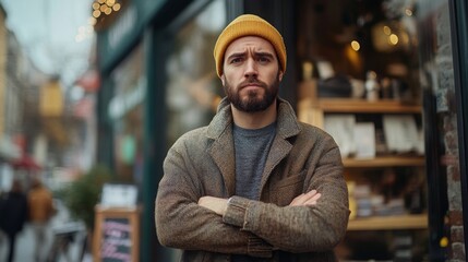 Obraz premium Bearded Man Wearing Yellow Hat Stands Outdoors