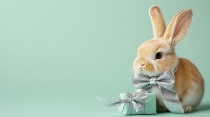 Obraz premium A cute, plush rabbit with a bow sits beside a small gift on a soft mint green background, evoking themes of celebration and joy.