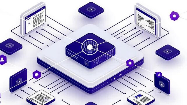 Isometric illustration of a central server connected to various devices and data streams.  Represents data network, cloud computing, or interconnected systems.