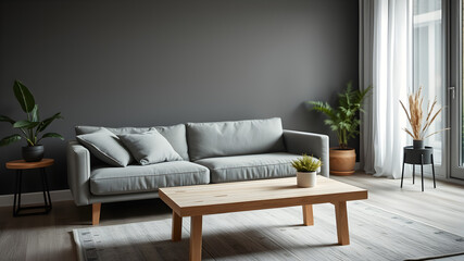 Fototapeta premium Minimalist Scandinavian interior with warm, soft tones. The gray-black wall backdrop consists of a natural wood coffee table. Elegant gray sofa and potted plants with earth tones.