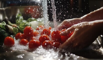 A person is washing tomatoes under the tap in their kitchen sink, with water splashing and fresh vegetables visible on top of them
