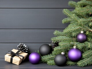 Gothic Christmas tree with deep purple and black ornaments dramatic dark background