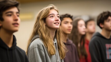 Obraz premium Enthusiastic Group of Teenagers in a Classroom, Engaged in Learning Experience, Capturing Youthful Expressions and Connection to Education in a Warm Atmosphere