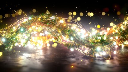 Naklejka premium Enchanted Christmas Lights - 3D Render with Dynamic Bokeh Effects and Glowing Trails on Isolated Dark Background