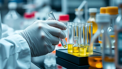 Close-up of scientist’s hands working with chemical samples in a laboratory, representing research and experimentation.