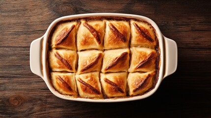 Baked filo pastry with golden brown crust in a rectangular white ceramic dish on a wooden table
