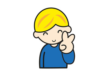 ピースサインの金髪の男の子