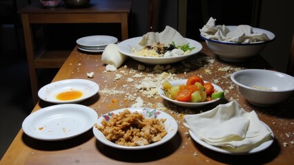 Messy and chaotic setup, dirty plates in the background, low camera quality, poorly arranged ingredients, no lighting setup, uninspiring and unappealing environment