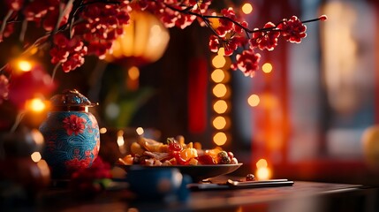 Festive Chinese New Year table setting with decorative lanterns, flowers, and ornate ceramic pot.