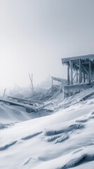 Desolate frozen landscape with snow-covered abandoned structures