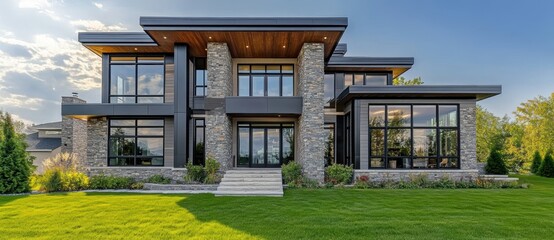 Obraz premium Contemporary Modern House with Elegant Architectural Design Surrounded by Lush Green Grass and Clear Blue Sky, Perfect for Real Estate and Home Aesthetic Themes