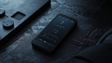 Smartphone displaying health metrics on a textured surface in low lighting setting. Generative AI