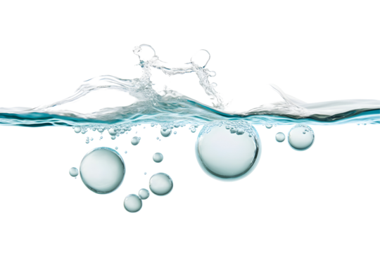 Bubbles rise and splash in clear water creating a refreshing view of movement and tranquility  on transparency background