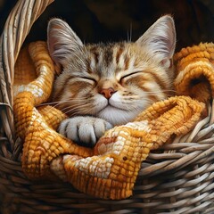 A cat is sleeping in a basket with a yellow blanket