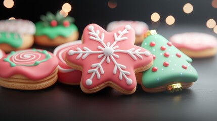 Festive Christmas Delights - Vibrant 3D Render with Dynamic Icing Effects and Shimmering Accents on Isolated Dark Background with Cinematic Light for Graphic Designs