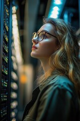 Female IT engineer in a server room monitoring system.