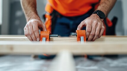 A worker uses clamps to secure wooden boards on a workbench, showcasing hands-on craftsmanship in a bright workshop environment.