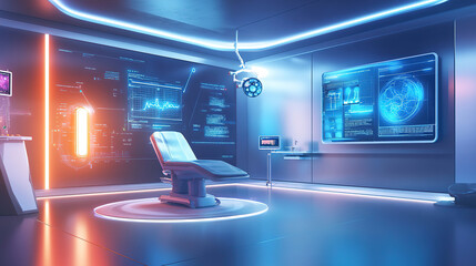 Obraz premium Futuristic medical examination room featuring advanced technology and sleek design with ambient lighting. Generative AI
