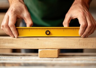 A person is using a yellow level tool to ensure a wooden plank is straight and properly aligned.
