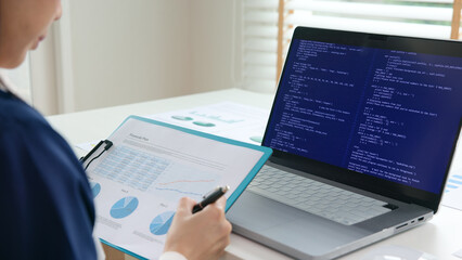 Smart AI cyber bot deep tech tools help write BI prompt code screen. Asia people asian IT woman typing busy work on predict big data mining center office reskill upskill STEM expert skill job course.