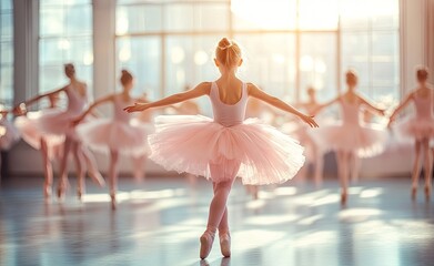 A young girl in ballet attire gracefully twirls on her tiptoes, with soft pastel colors of pink and peach